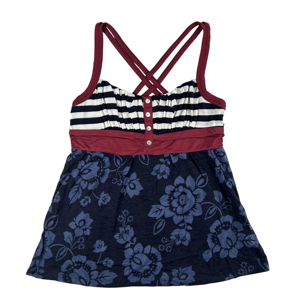 Vintage Rewind Tank Top Womens Large Floral Stripe Button Cami Babydoll Y2K